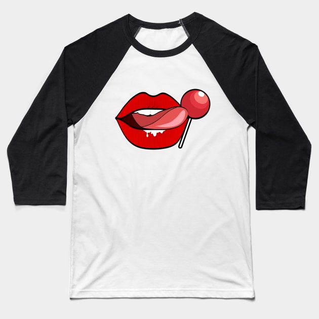 Red Lips Lollipop Baseball T-Shirt by ElTeko